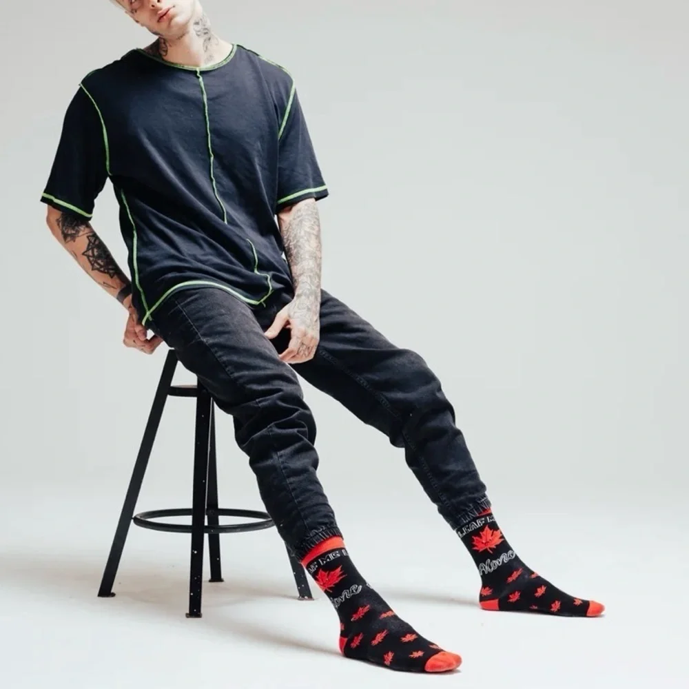 Socks N Socks Men’s Crew Socks Leaf Me Alone Black Red White Made In Turkey